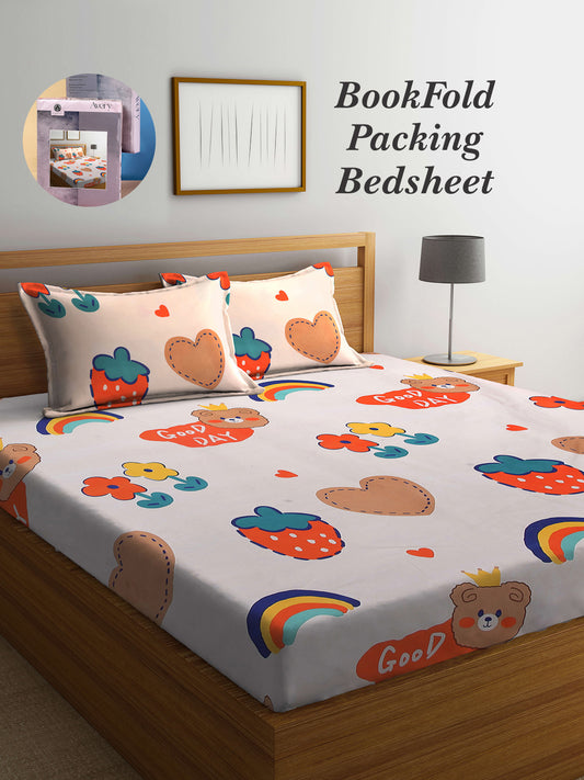 Arrabi Multi Cartoon TC Cotton Blend King Size Bookfold Bedsheet with 2 Pillow Covers (250 X 215 cm)