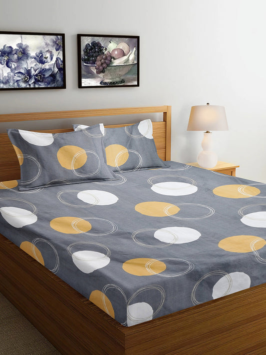 Arrabi Grey Geometric TC Cotton Blend King Size Bedsheet with 2 Pillow Covers (250 x 215 cm)