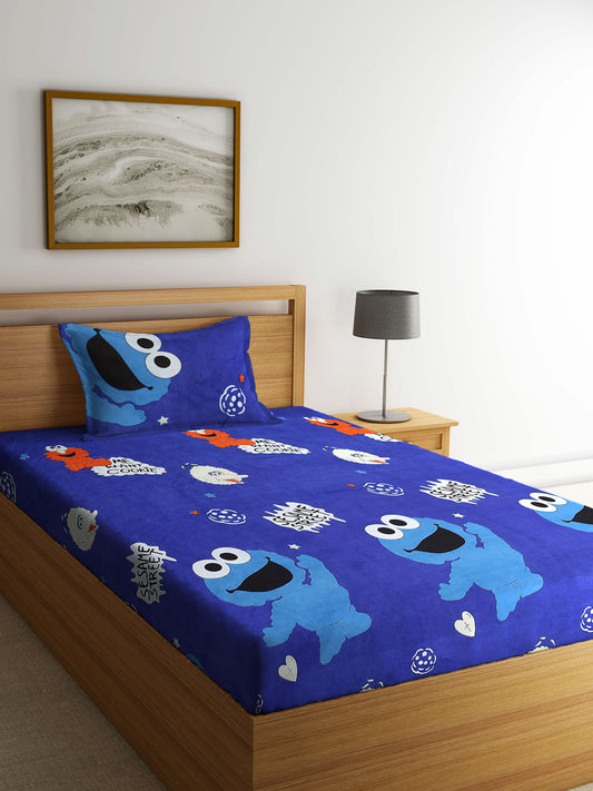 Arrabi Blue Cartoon TC Cotton Blend Single Size Bedsheet with 1 Pillow Cover (215 x 150 cm)