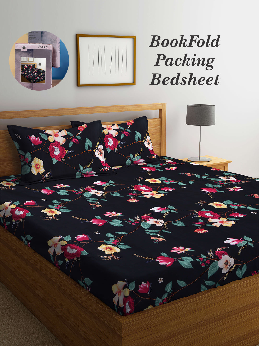 Arrabi Black Floral TC Cotton Blend King Size Bookfold Bedsheet with 2 Pillow Covers (250 X 220 cm)