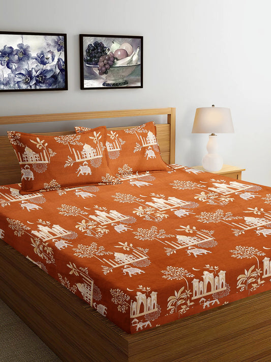 Arrabi Brown Leaf TC Cotton Blend Super King Size Bedsheet with 2 Pillow Covers (270 x 260 cm)