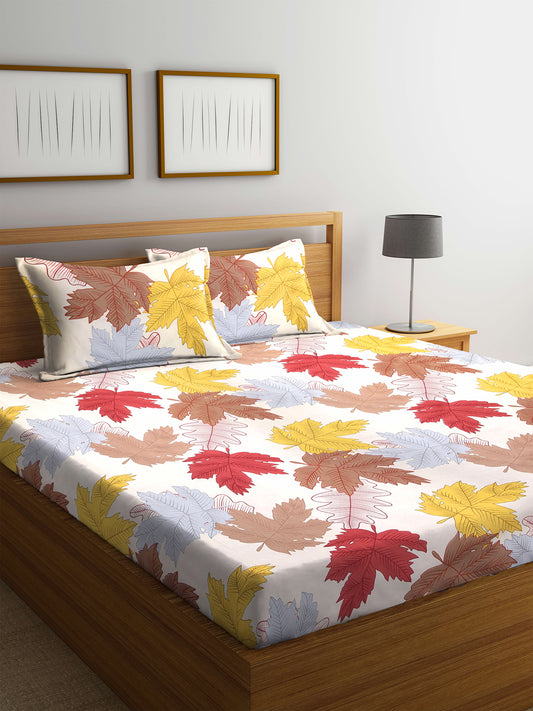 Arrabi Multi Leaf TC Cotton Blend King Size Bedsheet with 2 Pillow Covers (250 x 215 cm)