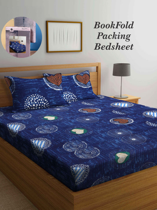 Arrabi Blue Graphic TC Cotton Blend King Size Bookfold Bedsheet with 2 Pillow Covers (250 X 215 cm)