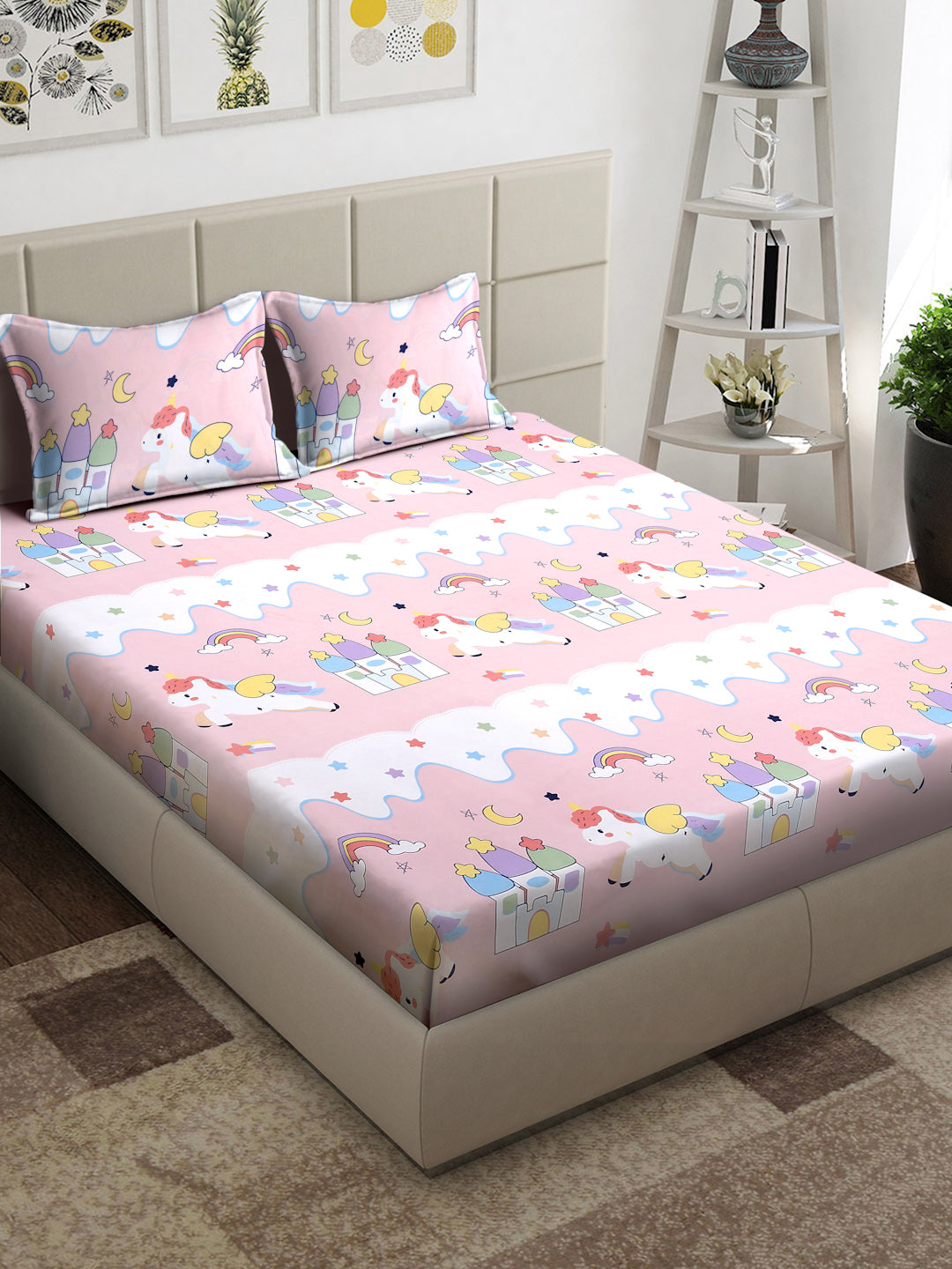 Arrabi Pink Cartoon TC Cotton Blend King Size Bedsheet with 2 Pillow Covers (250 x 215 cm)