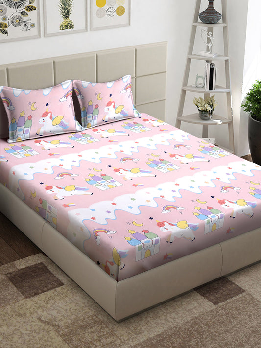 Arrabi Pink Cartoon TC Cotton Blend King Size Bedsheet with 2 Pillow Covers (250 x 215 cm)