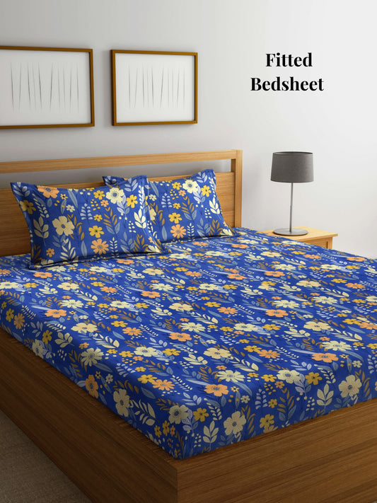 Arrabi Blue Floral TC Cotton Blend Super King Size Fitted Bedsheet with 2 Pillow Covers (270 X 260 Cm)