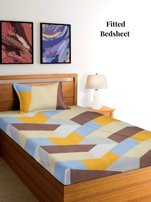 Arrabi Multi Geometric TC Cotton Blend Single Size Fitted Bedsheet with 1 Pillow Cover (215 x 150 cm)