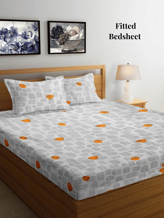 Arrabi Beige Stripes TC Cotton Blend Super King Size Fitted Bedsheet with 2 Pillow Covers (270 X 260 Cm)
