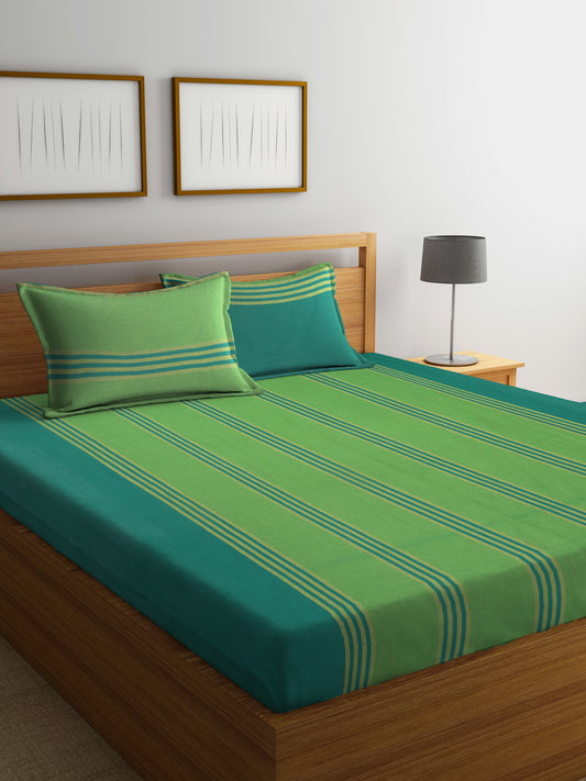 Arrabi Green Stripes Handwoven Cotton king Size Bedsheet with 2 Pillow Covers (260 X 230 cm)