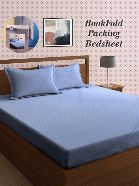 Arrabi Blue Graphic TC Cotton Blend King Size Bookfold Bedsheet with 2 Pillow Covers (250 X 220 cm)