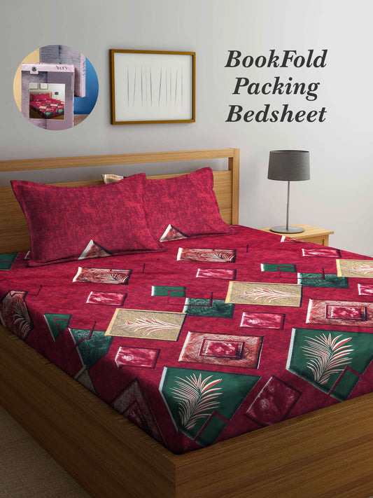 Arrabi Red Geometric TC Cotton Blend King Size Bookfold Bedsheet with 2 Pillow Covers (250 X 220 cm)