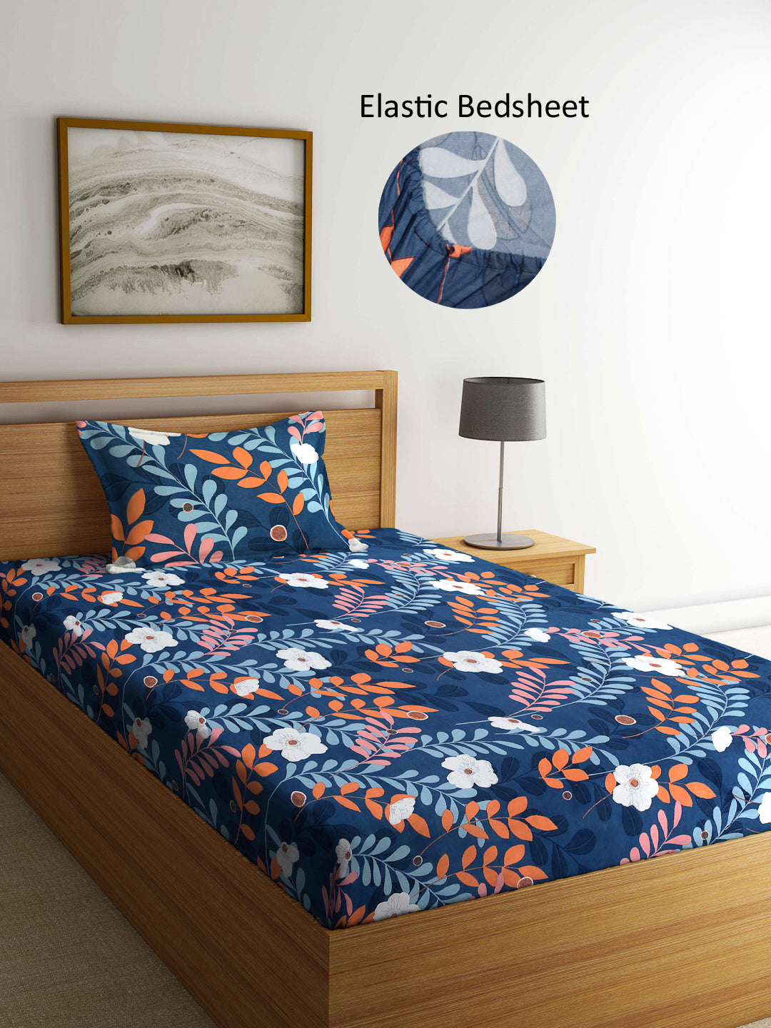 Arrabi Blue Floral TC Cotton Blend Single Size Fitted Bedsheet with 1 Pillow Cover (215 X 150 cm)