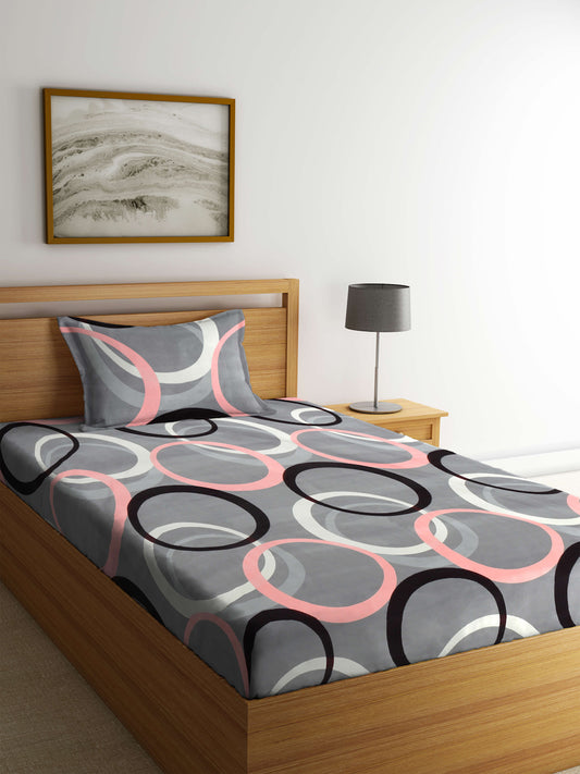 Arrabi Grey Graphic TC Cotton Blend Single Size Bedsheet with 1 Pillow Cover (215 x 150 cm)
