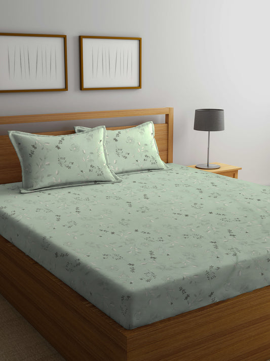 Arrabi Green Leaf TC Cotton Blend Super King Size Bedsheet with 2 Pillow Covers (270 X 260 cm)