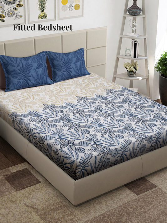 Arrabi White Floral TC Cotton Blend Super King Size Fitted Bedsheet with 2 Pillow Covers (270 x 260 cm)