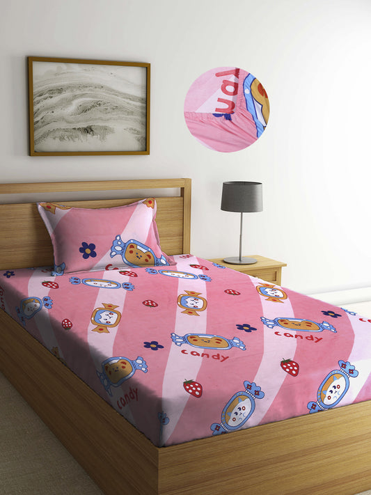 Arrabi Pink Cartoon TC Cotton Blend Single Size Fitted Bedsheet with 1 Pillow Cover (220 X 150 cm)
