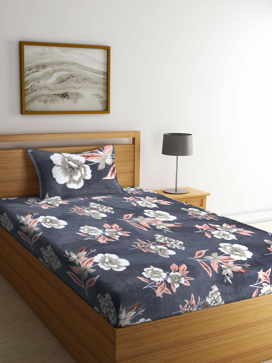 Arrabi Grey Floral TC Cotton Blend Single Size Bedsheet with 1 Pillow Cover (215 x 150 cm)