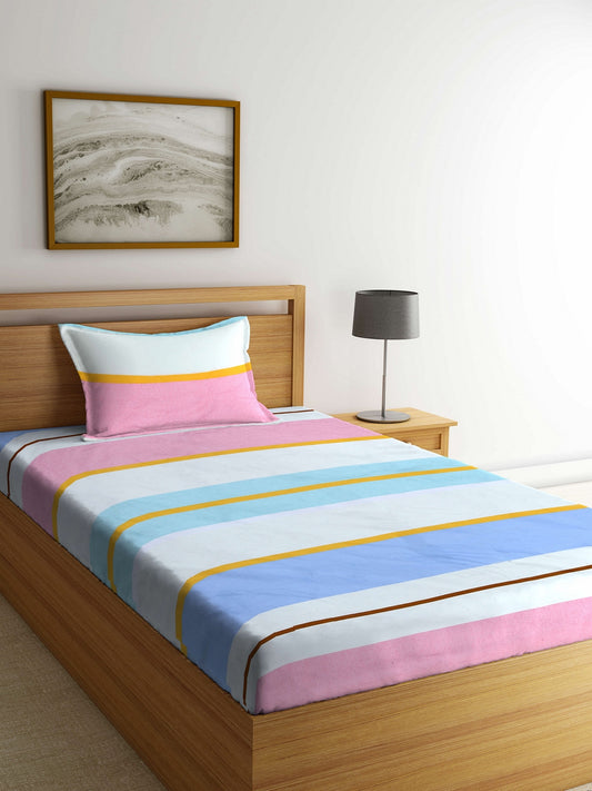 Arrabi Multi Stripes TC Cotton Blend Single Size Bedsheet with 1 Pillow Cover (220 x 150 cm)
