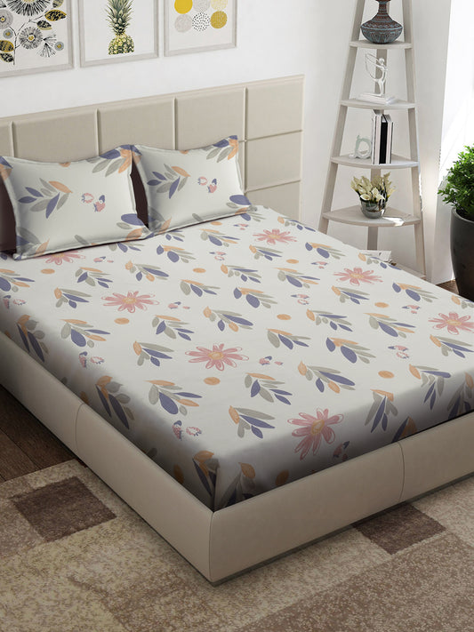 Arrabi Cream Floral TC Cotton Blend King Size Bedsheet with 2 Pillow Covers (250 x 215 cm)