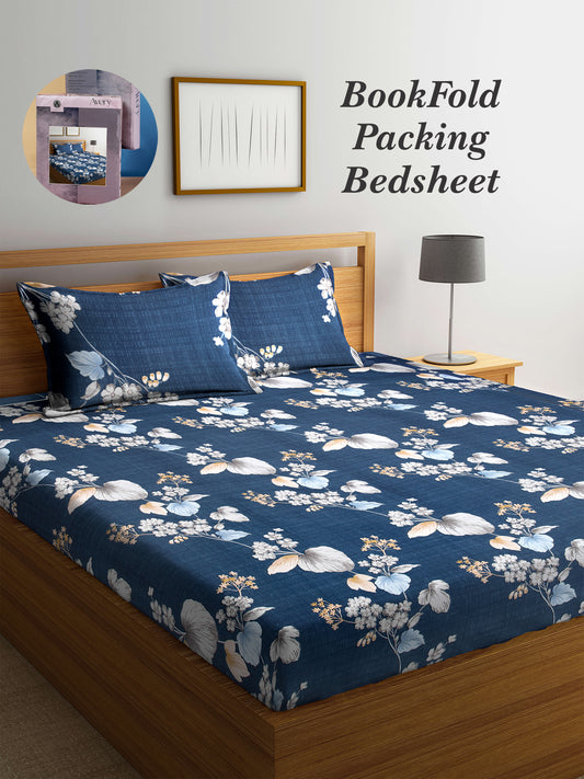 Arrabi Blue Floral TC Cotton Blend Super King Size Bookfold Bedsheet with 2 Pillow Covers (270 X 260 cm)