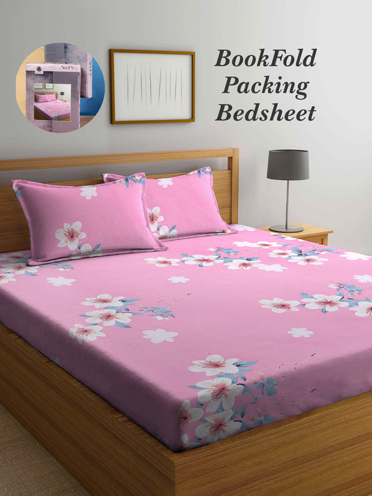 Arrabi Pink Floral TC Cotton Blend King Size Bookfold Bedsheet with 2 Pillow Covers (250 X 215 cm)