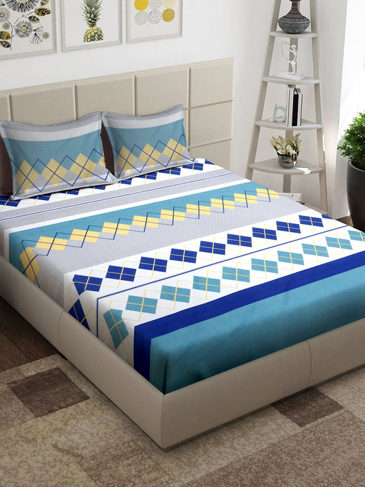 Arrabi Multi Geometric TC Cotton Blend King Size Bedsheet with 2 Pillow Covers (250 x 215 cm)