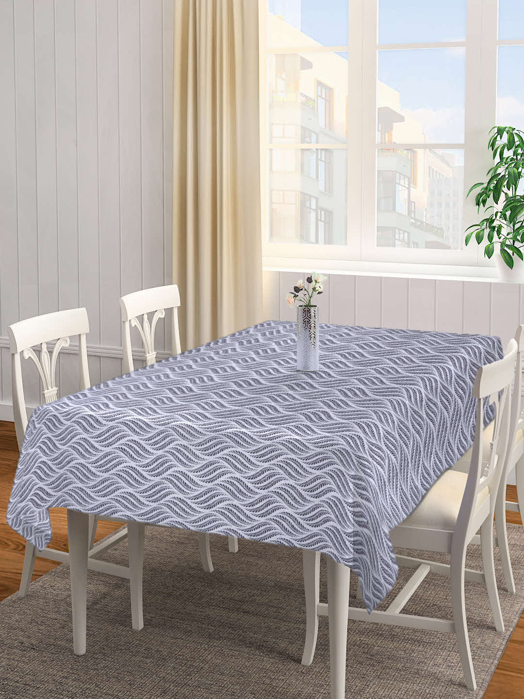 Arrabi Grey Graphic Cotton Blend 6 SEATER Table Cover (180 X 130 cm)