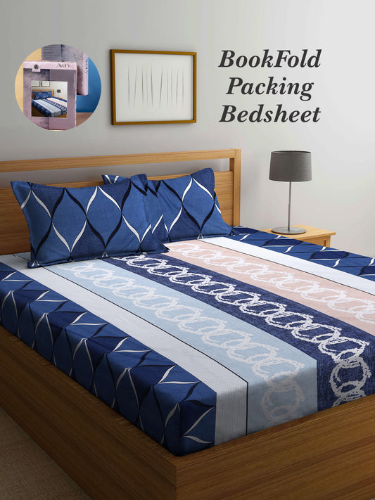 Arrabi Multi Graphic TC Cotton Blend King Size Bookfold Bedsheet with 2 Pillow Covers (250 X 215 cm)