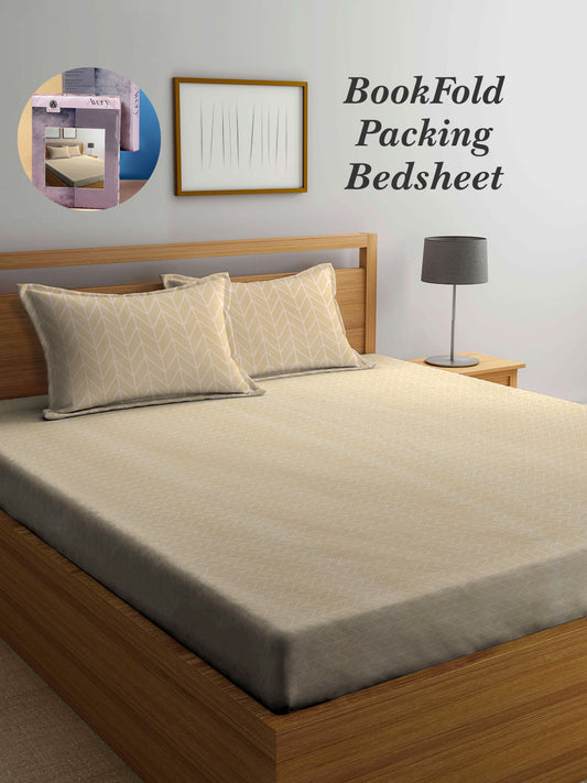 Arrabi Beige Graphic TC Cotton Blend King Size Bookfold Bedsheet with 2 Pillow Covers (250 X 215 cm)