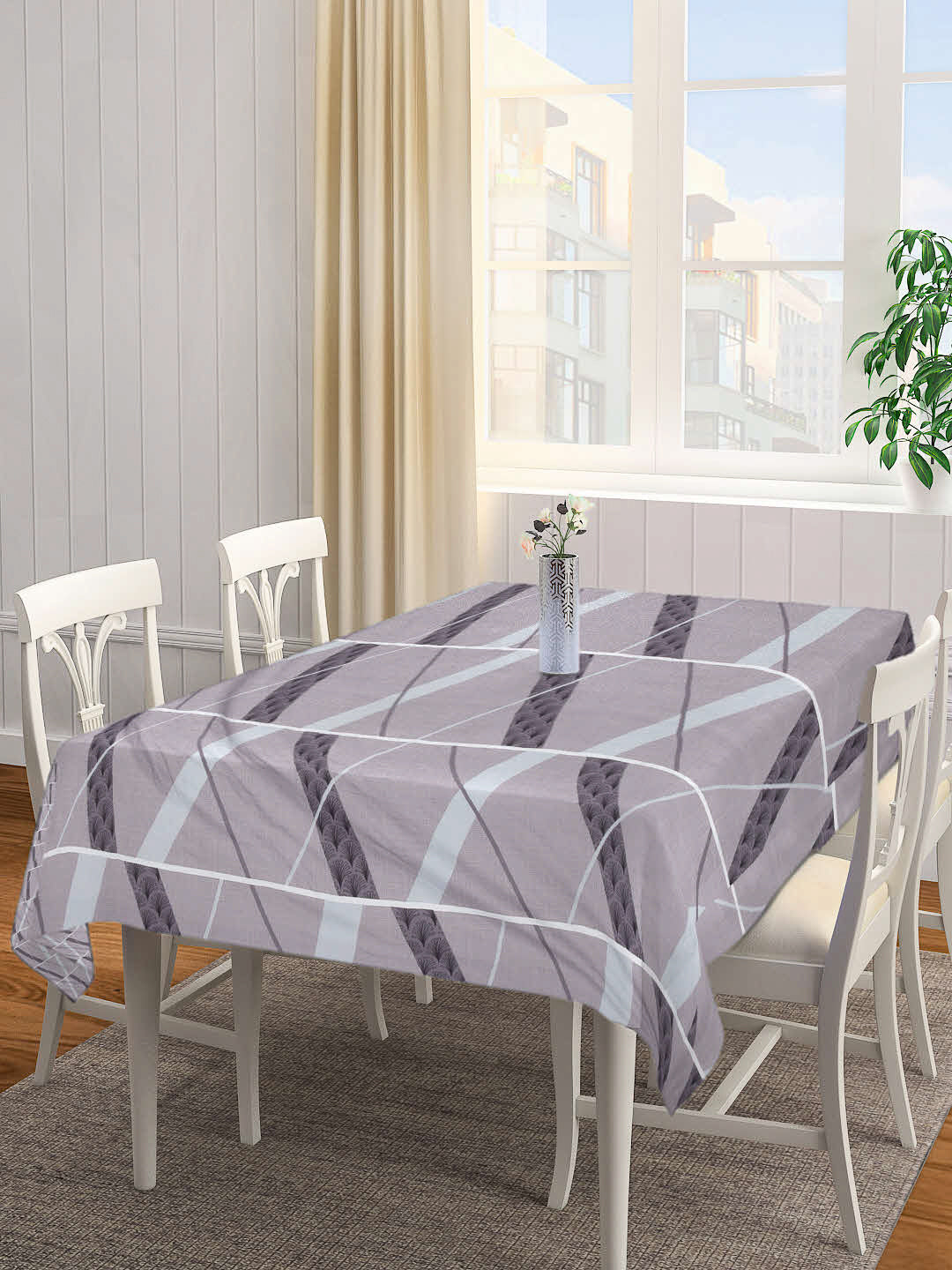 Arrabi Grey Graphic Cotton Blend 6 SEATER Table Cover (180 X 130 cm)