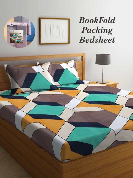 Arrabi Multi Geometric TC Cotton Blend King Size Bookfold Bedsheet with 2 Pillow Covers (250 X 215 cm)