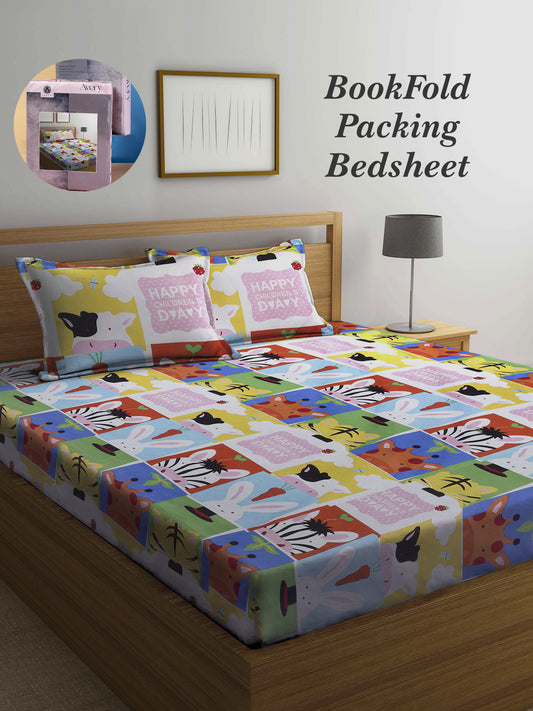 Arrabi Multi Cartoon TC Cotton Blend King Size Bookfold Bedsheet with 2 Pillow Covers (250 X 220 cm)