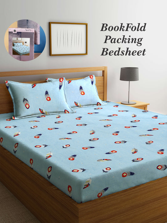 Arrabi Blue Floral TC Cotton Blend King Size Bookfold Bedsheet with 2 Pillow Covers (250 X 220 cm)
