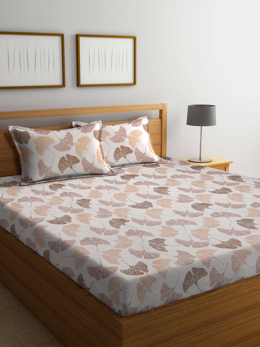 Arrabi Cream Floral TC Cotton Blend King Size Bedsheet with 2 Pillow Covers (250 X 215 cm)