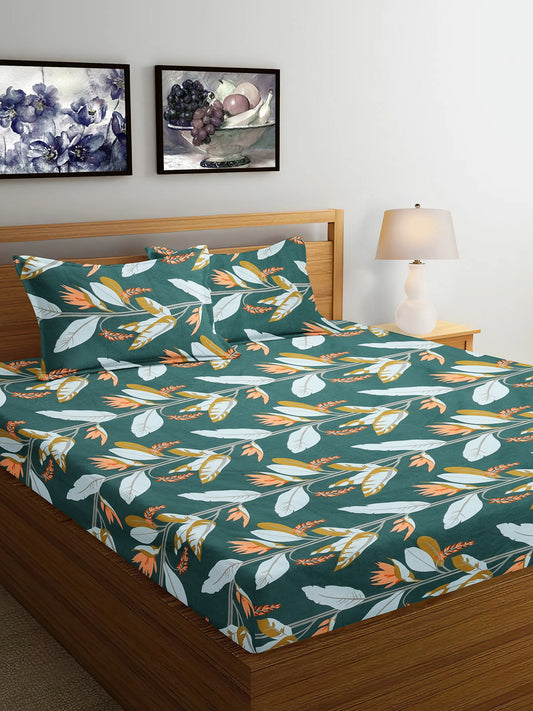 Arrabi Green Leaf TC Cotton Blend King Size Bedsheet with 2 Pillow Covers (250 x 215 cm)