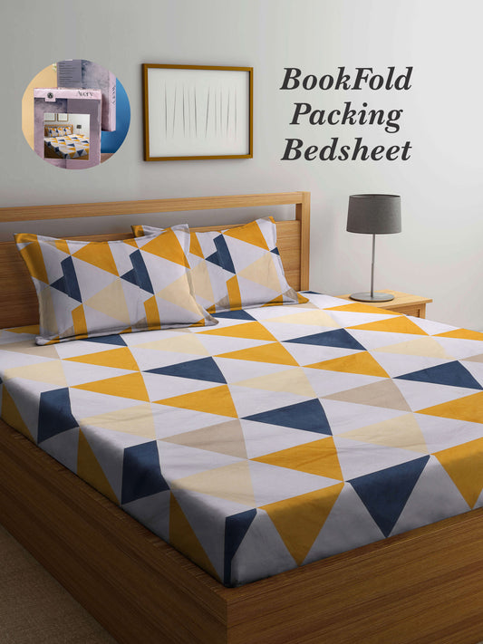 Arrabi Multi Geometric TC Cotton Blend Super King Size Bookfold Bedsheet with 2 Pillow Covers (270 X 260 cm)