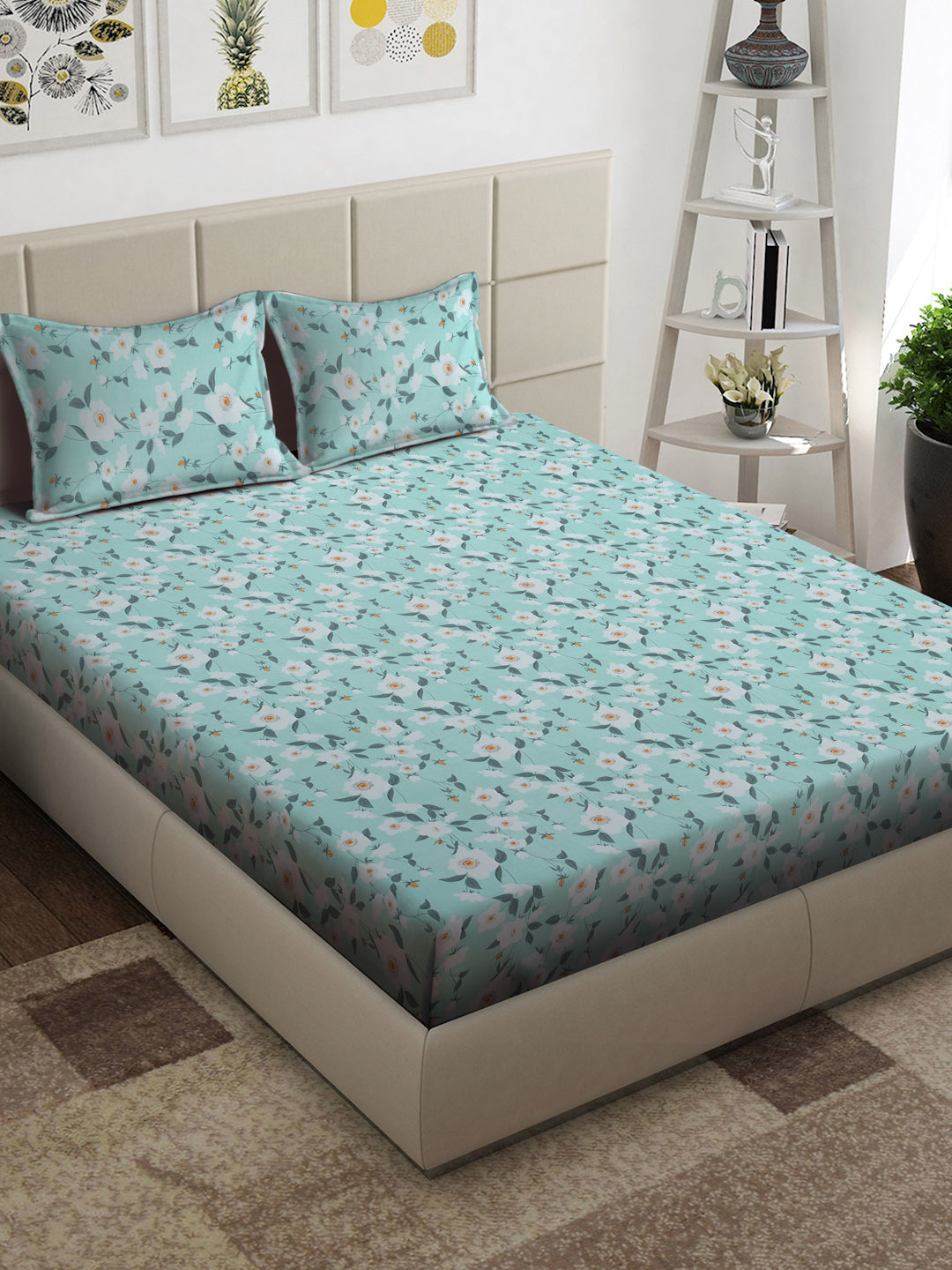 Arrabi Green Floral TC Cotton Blend King Size Bedsheet with 2 Pillow Covers (250 x 215 cm)