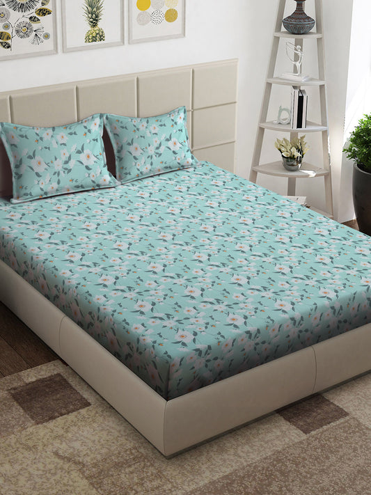 Arrabi Green Floral TC Cotton Blend King Size Bedsheet with 2 Pillow Covers (250 x 215 cm)