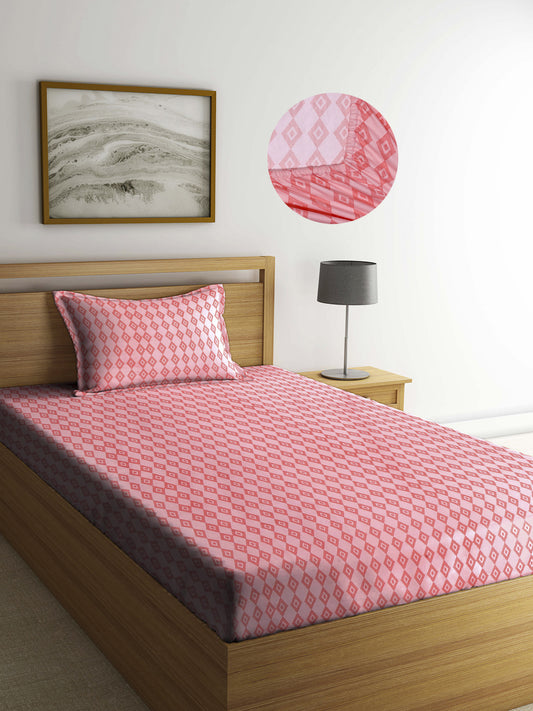 Arrabi Peach Graphic TC Cotton Blend Single Size Fitted Bedsheet with 1 Pillow Cover (220 X 150 cm)