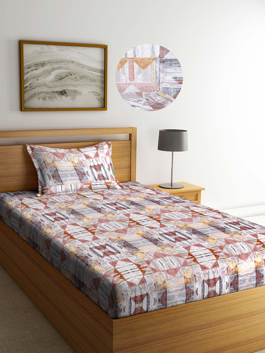 Arrabi Multi Geometric TC Cotton Blend Single Size Fitted Bedsheet with 1 Pillow Cover (220 X 150 cm)