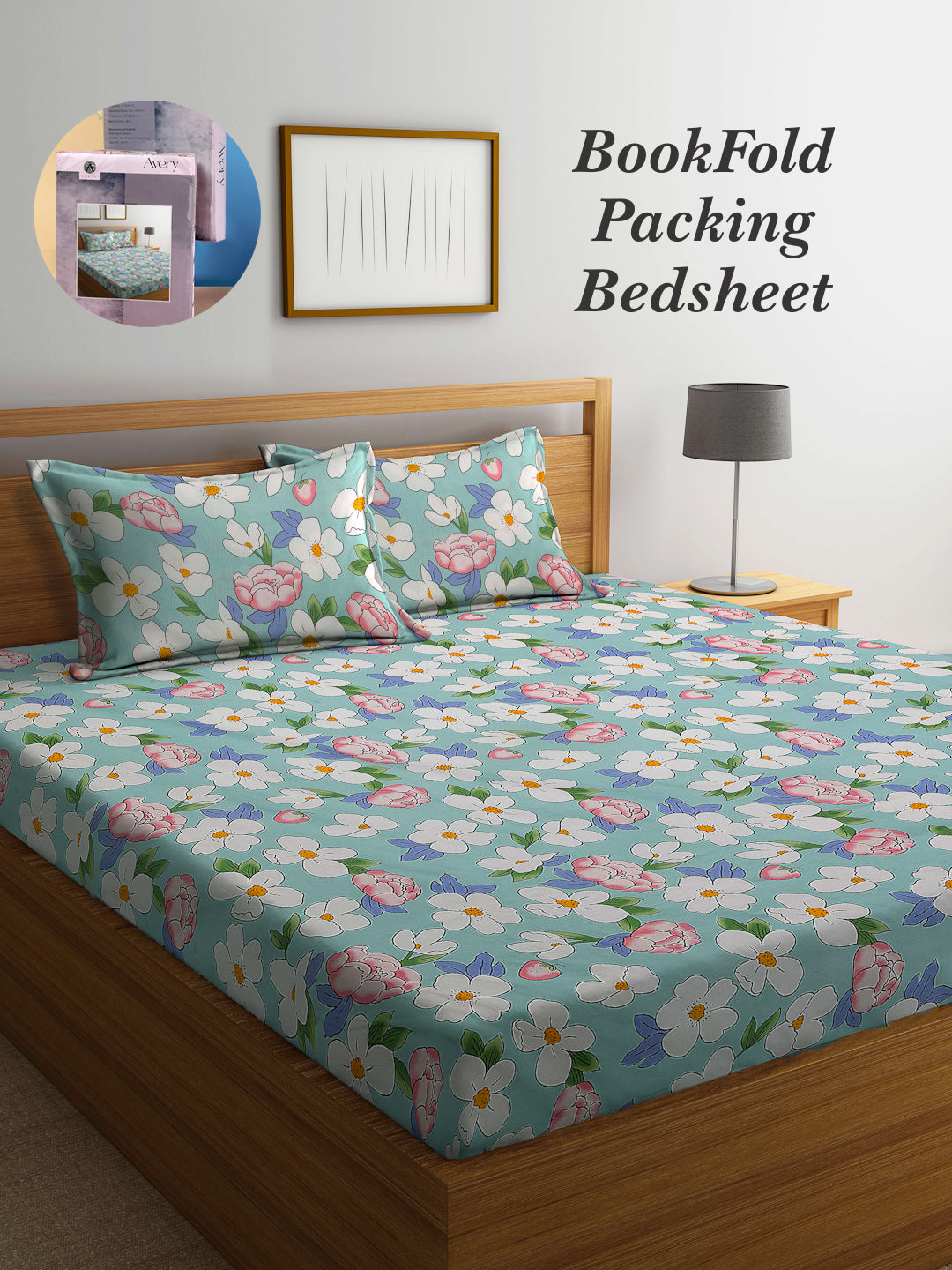 Arrabi Blue Floral TC Cotton Blend King Size Bookfold Bedsheet with 2 Pillow Covers (250 X 215 cm)