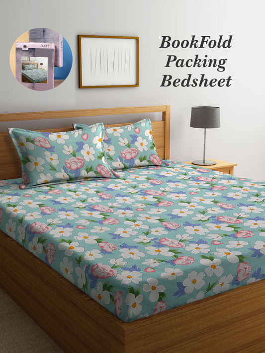 Arrabi Blue Floral TC Cotton Blend King Size Bookfold Bedsheet with 2 Pillow Covers (250 X 215 cm)