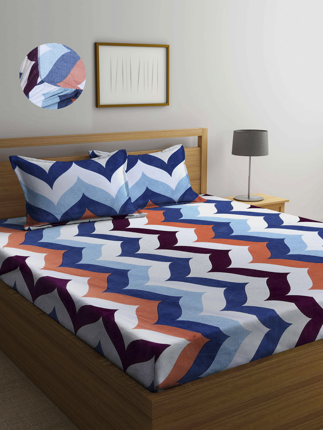Arrabi Multi Indian TC Cotton Blend Super King Size Fitted Bedsheet with 2 Pillow Covers (270 x 260 cm)