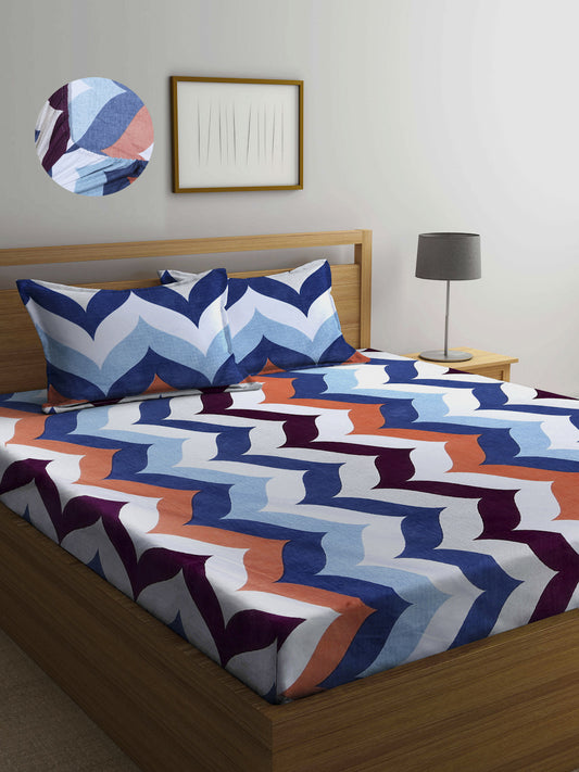 Arrabi Multi Indian TC Cotton Blend Super King Size Fitted Bedsheet with 2 Pillow Covers (270 x 260 cm)