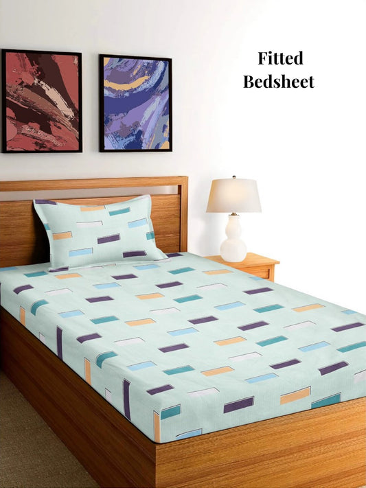 Arrabi Green Geometric TC Cotton Blend Single Size Fitted Bedsheet with 1 Pillow Cover (215 x 150 cm)