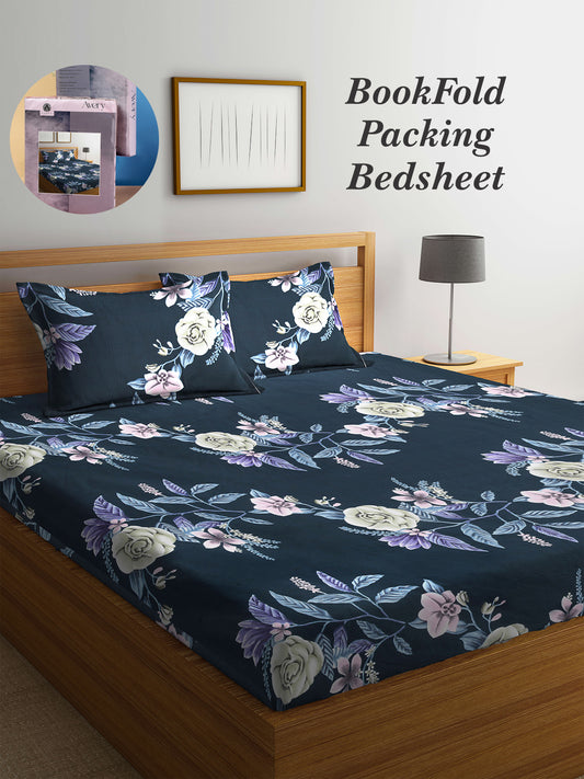 Arrabi Blue Floral TC Cotton Blend King Size Bookfold Bedsheet with 2 Pillow Covers (250 X 220 cm)