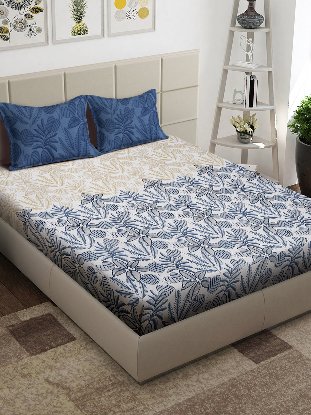 Arrabi White Floral TC Cotton Blend Super King Size Bedsheet with 2 Pillow Covers (270 x 260 cm)