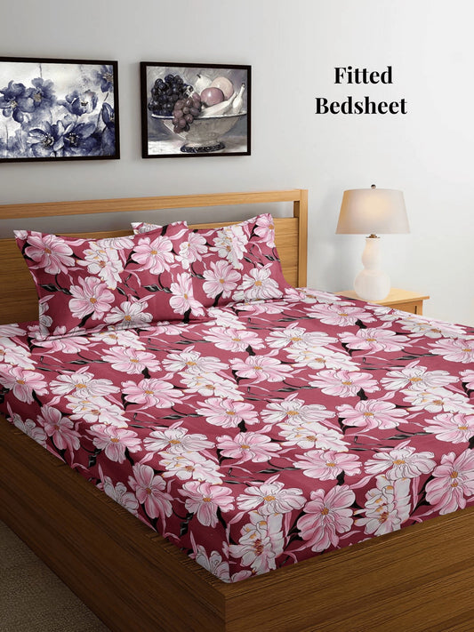 Arrabi Pink Floral TC Cotton Blend Super King Size Fitted Bedsheet with 2 Pillow Covers (270 X 260 Cm)