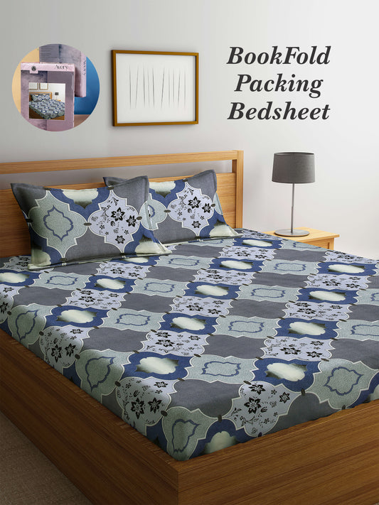Arrabi Multi Graphic TC Cotton Blend King Size Bookfold Bedsheet with 2 Pillow Covers (250 X 220 cm)