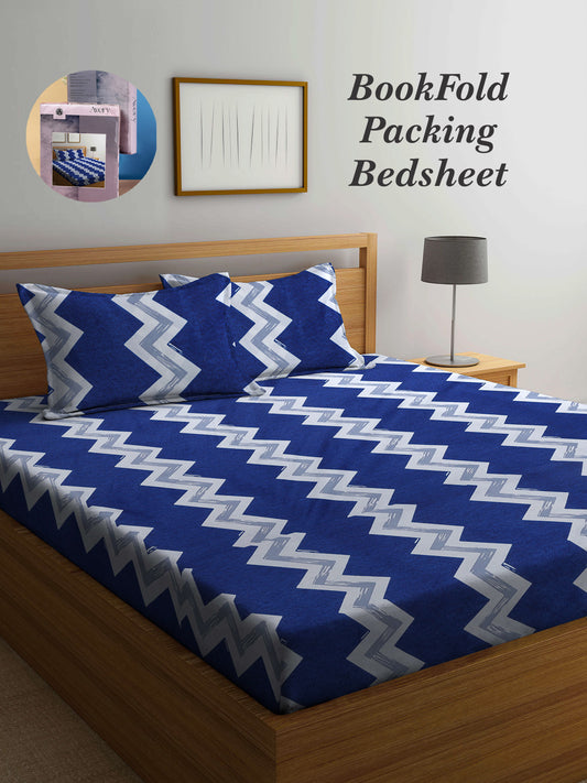 Arrabi Blue Geometric TC Cotton Blend King Size Bookfold Bedsheet with 2 Pillow Covers (250 X 215 cm)